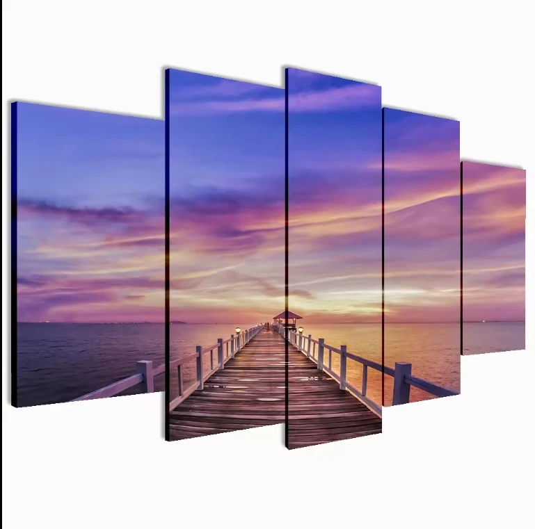 Modern 5PCS Canvas Prints City Night Scenery Framed Art for Living Room Decoration Fabric Inner Frame Easy Hanging Wall Decor