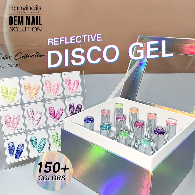 Free Sample Design 12color Reflective Disco Gel Polish Collection Customize Gel Nail Polish Set  Free Color Cards With Laser Box