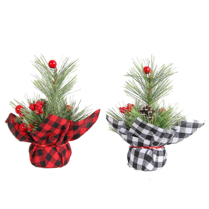 Mini Plaid Christmas Tree Decorations Christmas Simulation Red Fruit Tree Tabletop Decoration Photo Props