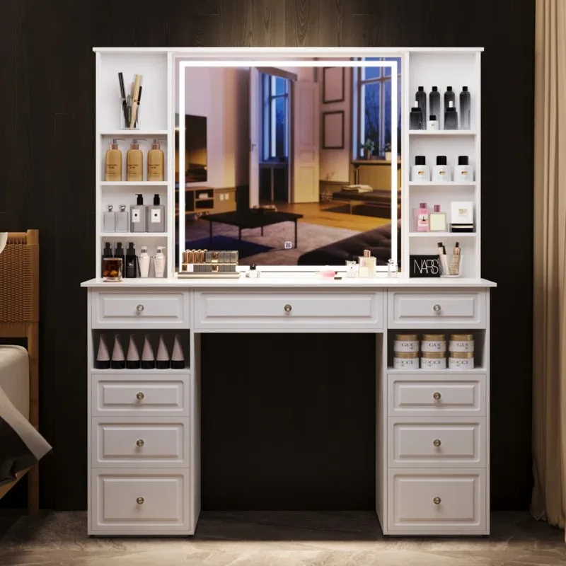 Wholesale European Bedroom Furniture Luxury White Vanity Makeup Table with Light Dressing Table With Mirror