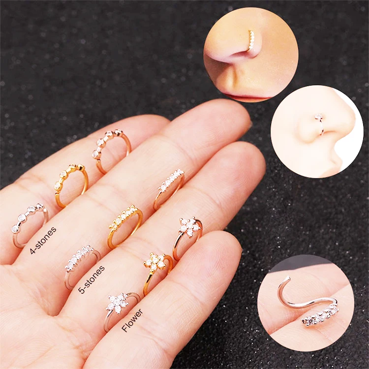 2021 Silver And Gold Plated Iced out Hoop Flower Piercing For Nose Ear Helix Cartilage Tragus Body Jewelry nose piercing jewelry