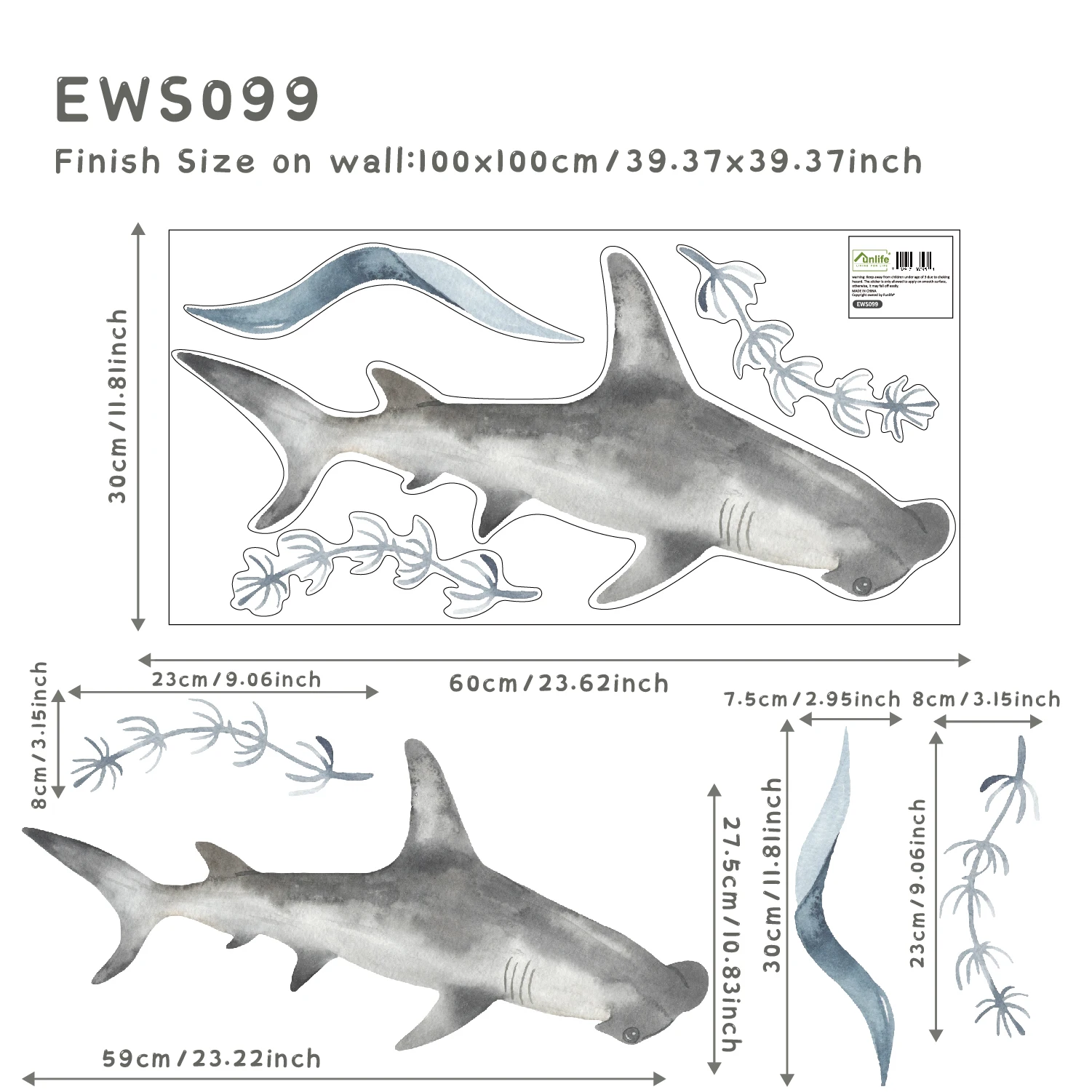 Funlife BDEWS013  Nordic watercolor underwater animal world Big Size Room Decoration Wall Stickers