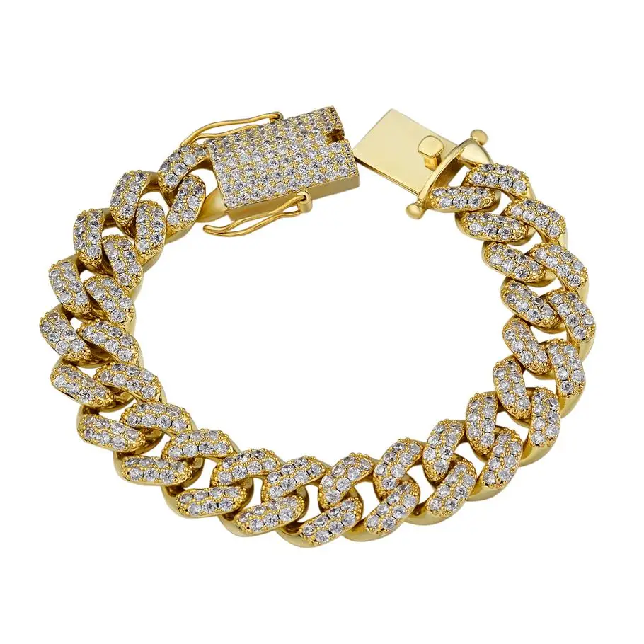 15mm Mens White Gold Diamond 18k Glod Plated Cuban Link Chain Bracelet For Men