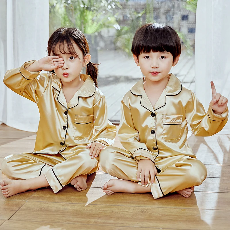 High quality Satin Pajamas Little Girls Boys Classic Silk night Sleepwear Set Clothes Long Sleeve Kid