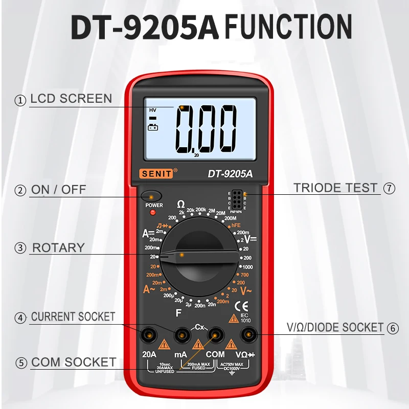 
New DT9205A Amp Meter Tester Handheld Megohmmeter Digital Multimeter DMM Capacitance & hFE Test Multimetro 