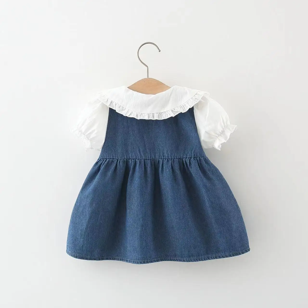 1634 2024 Summer New Girls Lace Collar Denim Skirt Children Fashion Lapel Collar Princess Dress