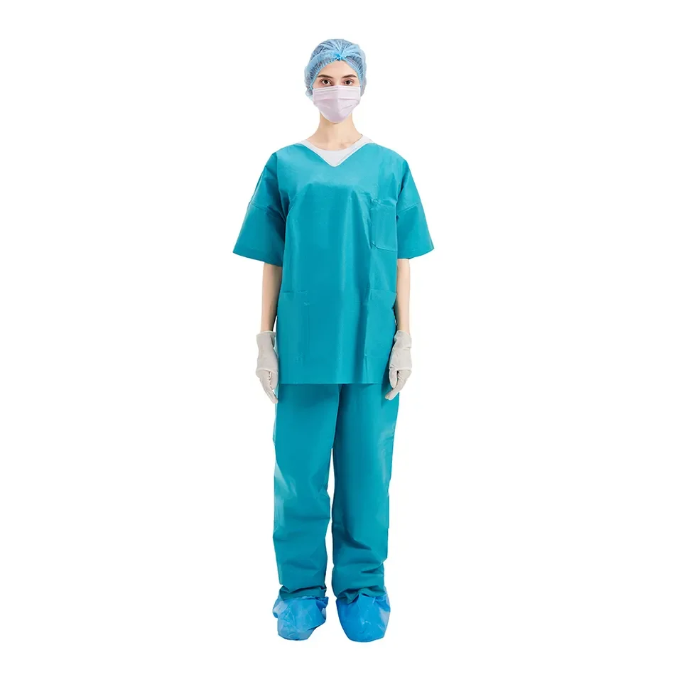 Lake Blue Disposable Scrub Suit New Designs 3 Pockets Manufacturing Outlet