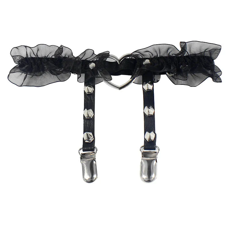 Fashion Women Sexy Black Lace  garter leggings Punk Heart Rivet Leather Suspenders Gothic Leg Garter Belt with Clips