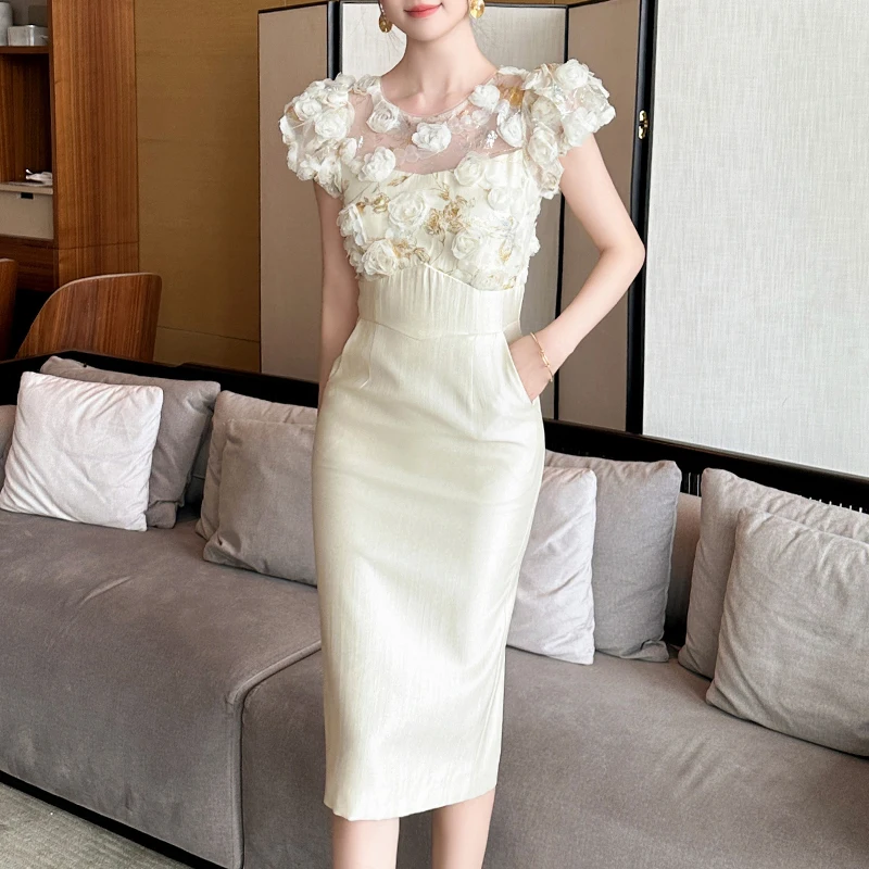 ZYHT 21363 Women Formal Dresses 3D Flower High Waist Bodycon Party Elegant Clothes Summer Casual Dresses for Women