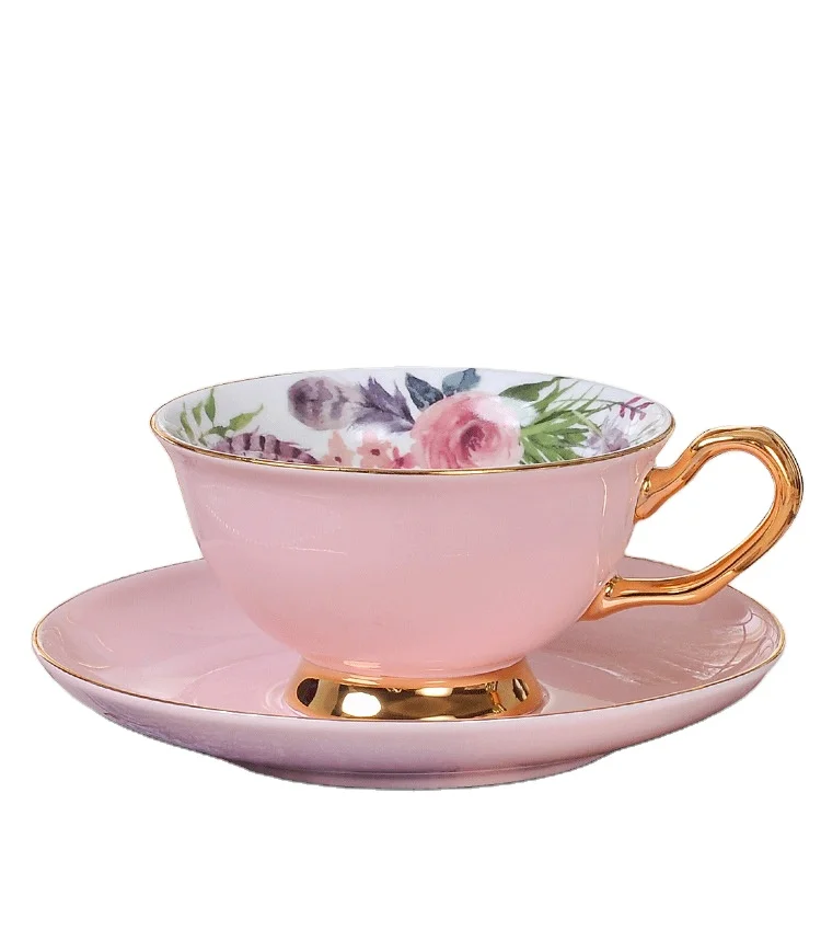 
4 Colors Pattern Flower Porcelain Coffee Tea Cups and Saucers Ceramic with 999 Golden Handle 