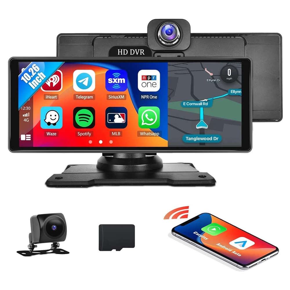SUNWAYI 10.26 Inch 1080P Wireless Carplay 4K HD DVR Screen 5GHz WIFI GPS Car Monitor Carplay Portable Screen
