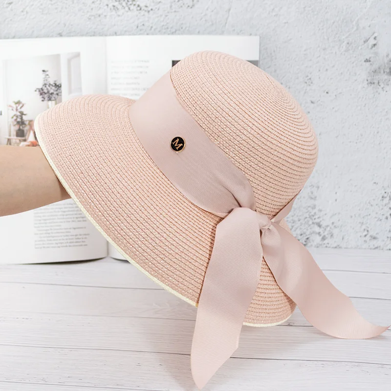 Hepburn lampshade straw hat female fairy sunscreen big brim hat bow tie retro hat French style