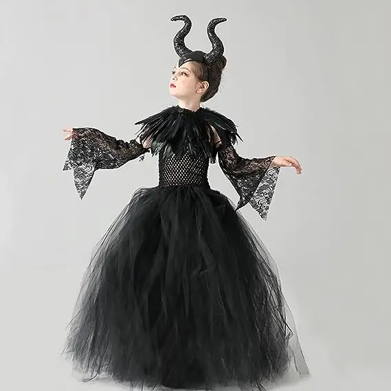 Costume for Kids Girls Evil Queen Fancy Dress Black Princess Tutu Dress Horns Accessories Child Magic Wizard Halloween Costumes