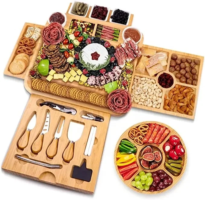 Bamboo Multifunctional Cheese Board Set Magnetic Slide Out Drawers Charcuterie Plate With Cutlery Set