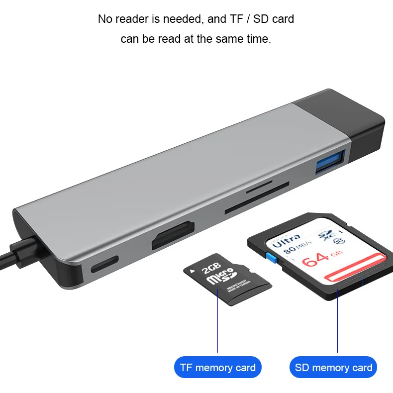 USB-концентратор 6 в 1 алюминиевый с кардридером для TF-и SD-карт USB 3
