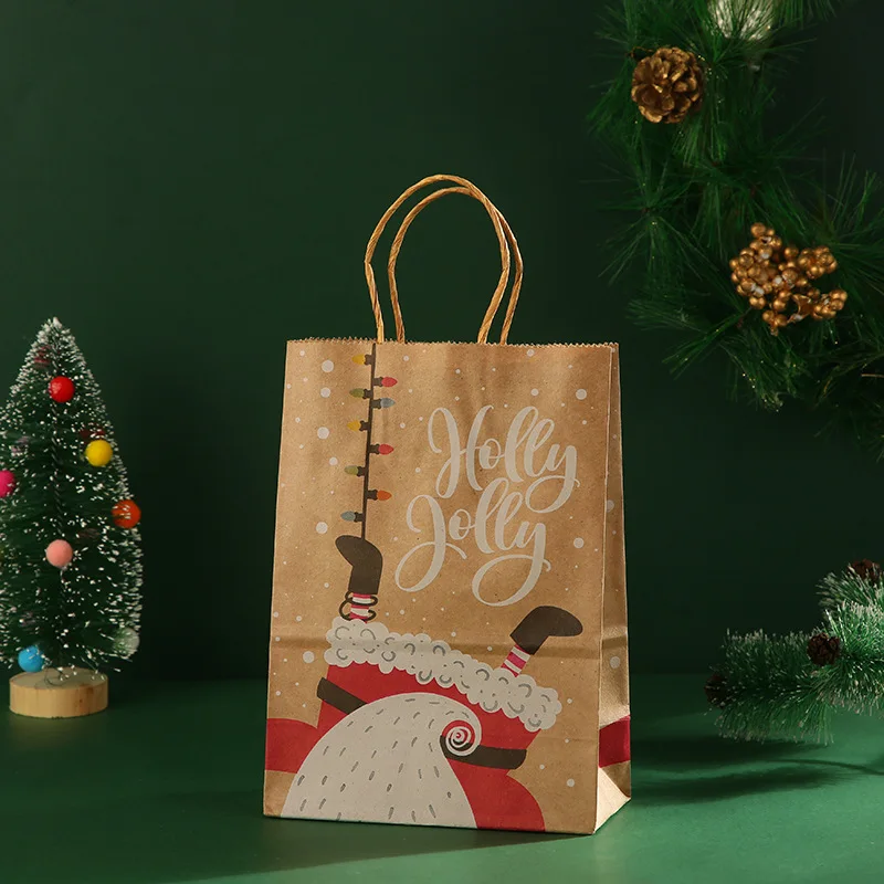 Wholesale Cheap Price in Stock Christmas New Designs Printed Candy Kraft Paper Gift Bags With Twisted Paper Handles