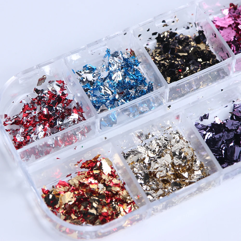 12 Grid Nail Sequins Paillette Aluminum Irregular Flakes Gold Foil Pigment Nail Art Decoration Mirror Glitter Foils Paper