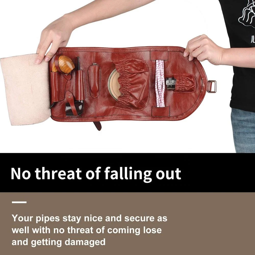 High Quality Handmade Leather Pipe Rolling Tobacco Pouch Bag Organize Case with Two Pipe Holder Pockets