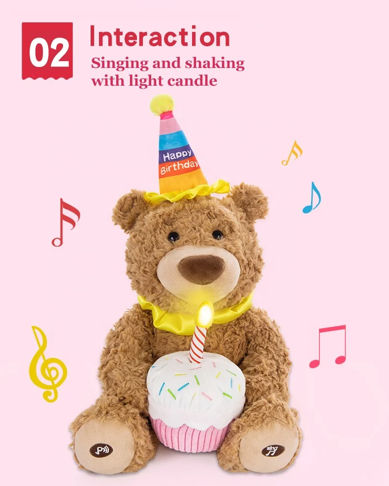 New electric rechargeable interactive musical led light up cupcake shaking sing happy birthday teddy bear plush toy