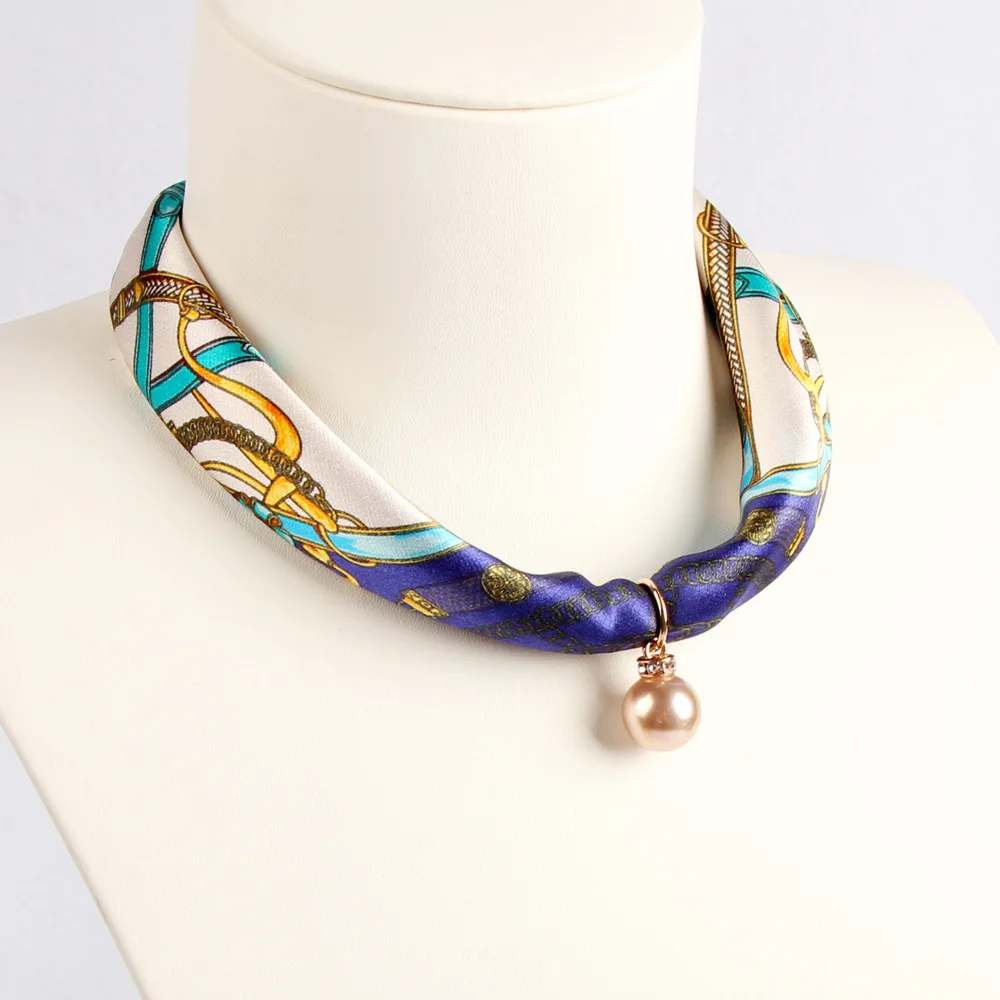 RTS Korean style printed silk scarf magnetic button necklace silk designer scarf lazy clavicle pendant silk square scarf women