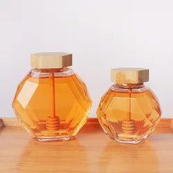 Luxury New Design 200ml  380ml Hexagonal Shape Empty Glass Honey Jar Food Storage Jar with Wooden Cap and Dipper