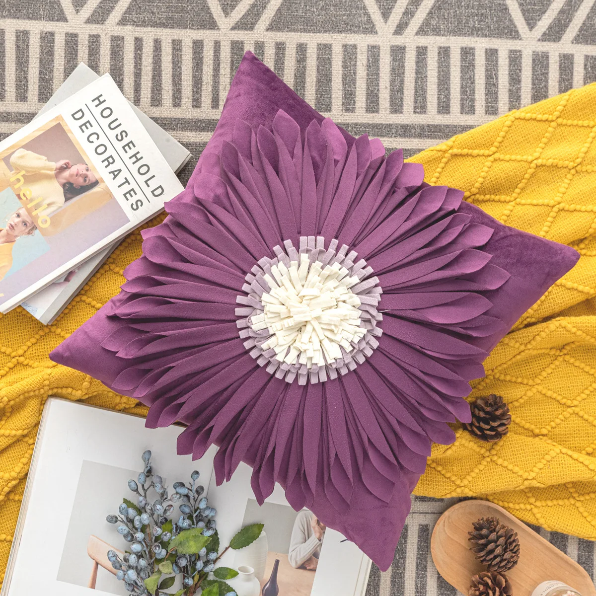 Pink white Flower Princess 3D printed hand made embroid Sunflower Throw Pillow Cover