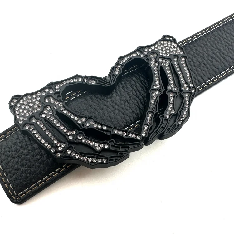 Shiny Rhinestone Hand Logo Heart Shape Belt Buckle Custom Designer Brand Black Plating Metal Buckle for Man