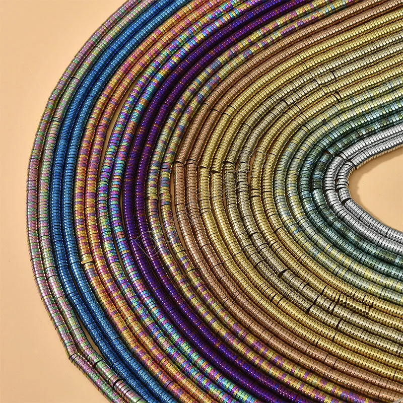 Rondelle Heishi Black Gold Silver Hematite Stone Beads, 1mm 2mm 3mm 4mm Rose Gold Plated Hematite Beads for Jewelry Making