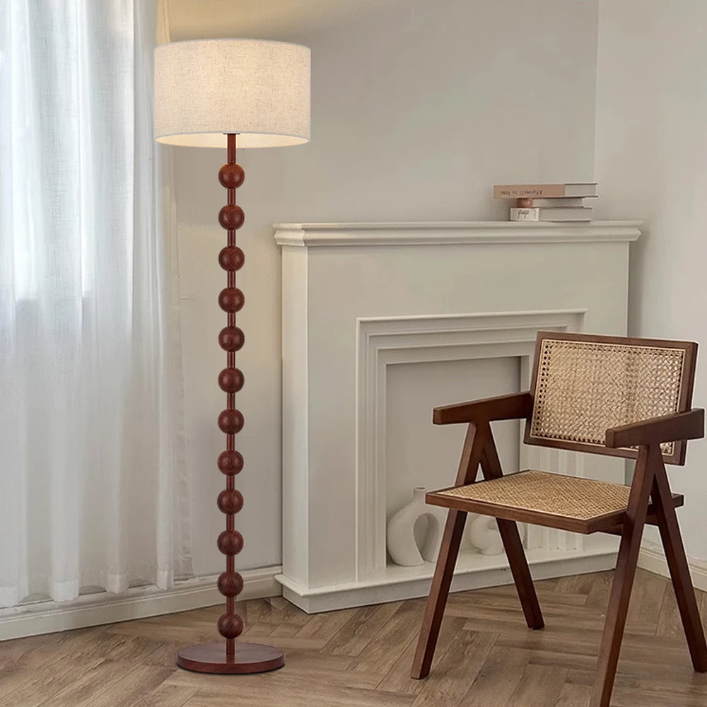 Art Designer Minimalist Post-Modern Vertical Retro Walnut Wooden Floor Table Lamp Fabric Shade E27 For Living Room Bedroom