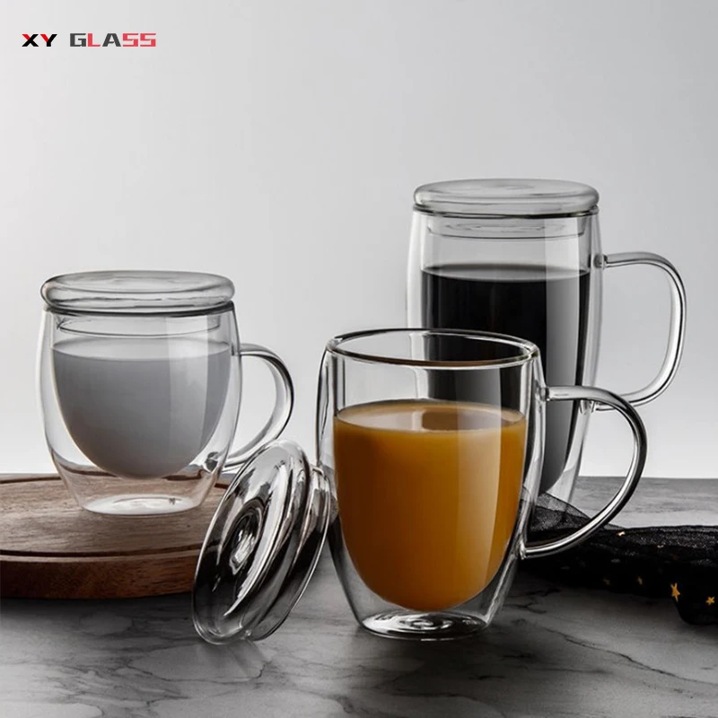 Special offer promotion gift double wall dust free lid drinking glass coffee mug