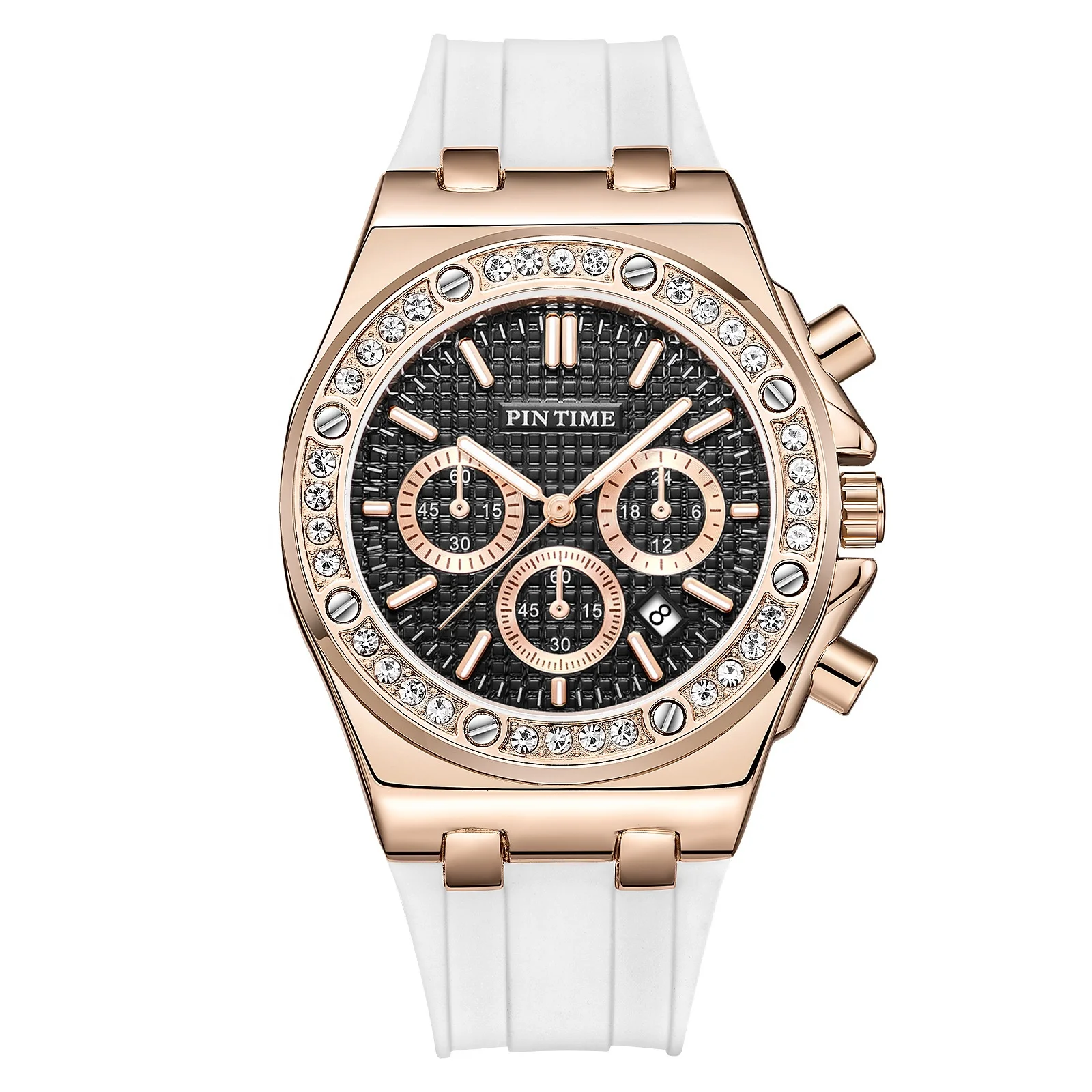 Pintime Luxury  Date Quartz Diamond Women Wrist Watch Silicone Band Fancy Rose Gold Ladies Watches