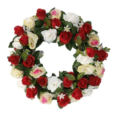 Senmasine artificial flowers rose peony mixed Greenery leaves spring flower wreath with ribbon bows front door hanging decor