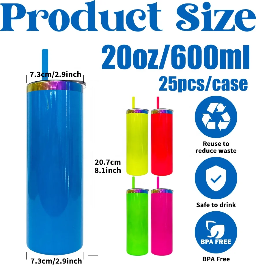 glossy mirror custom Fluorescent Neon colored rainbow underneath 20oz tumbler with lid for laser engraving