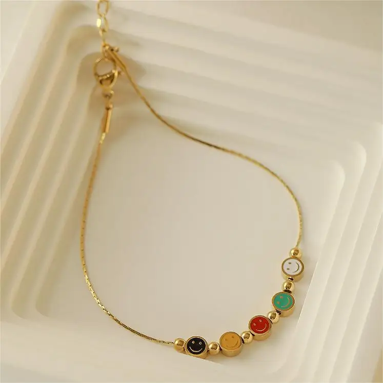 Woying Minimalist 18K Gold Plated Anklet Beads Enamel Smile Face Anklet 316L Stainless Steel Anklets For Women
