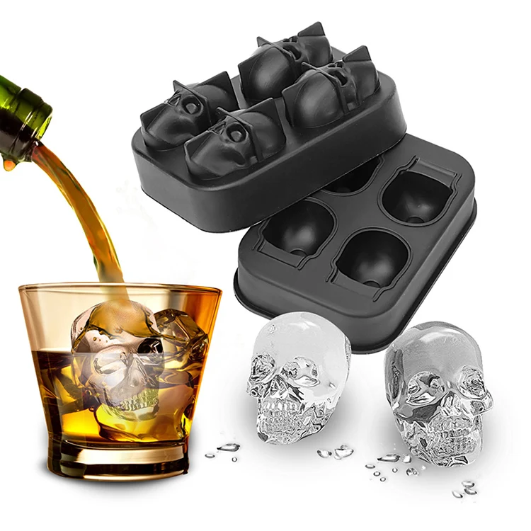 Approved Durable Food Grade 3D 4 Holes Ice Mold Silicone Skull Ice Tray Mold For Chilling Wine Beverage Juice Soup