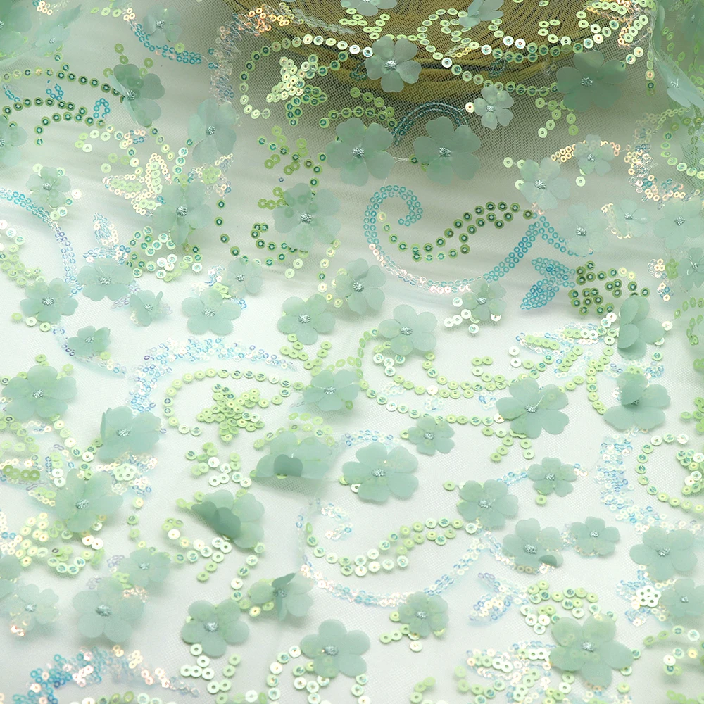 Hot Sale 90*135cm Diy Sequins Shabby Wedding 3D Flower Embroidered Mesh Lace Fabric for Dress Sewing Supplies Crafts