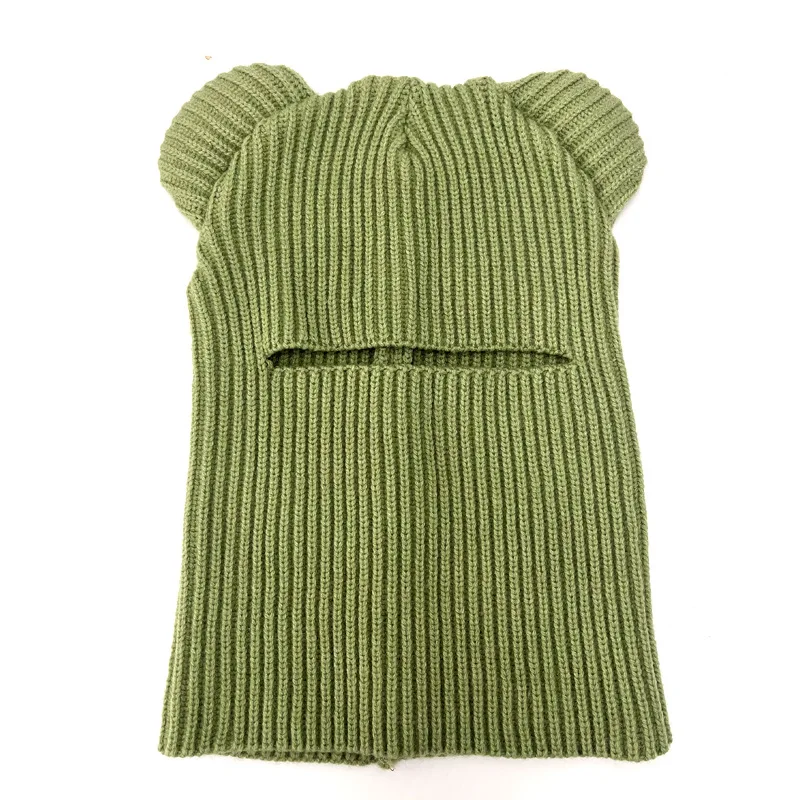 11 Colors Custom Winter Warm Thick Thermal Hood Cute Bear Ear Knitted Alpaca Wool Skull Beanie Balaclava Mask Hat With Bear Ear