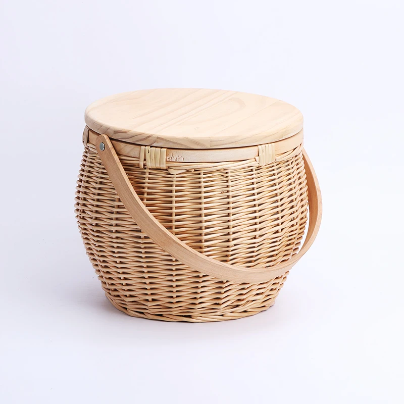 handle oval beach round willow wholesale insulated rattan cooler wood top wicker picnic basket with wooden lid for 4 person