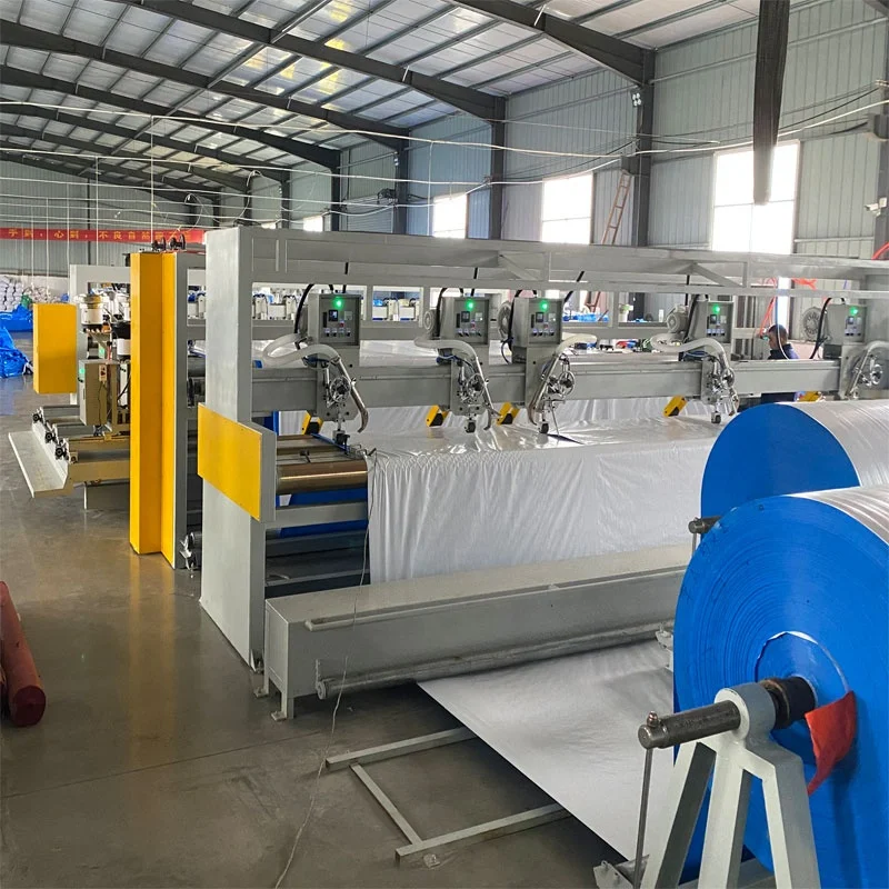 Plastic Sheet PVC PE PP Tarpaulin Lap Seal Fin Lap Seal with Cover strip on Two Sides Eyelet Attaching Auto Cut Welding Machine