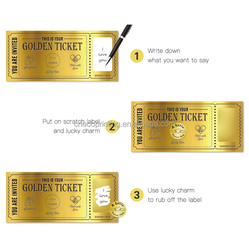 Custom Printing Gift Voucher Label Your Golden Ticket Scratch Sticker Card with Envelope