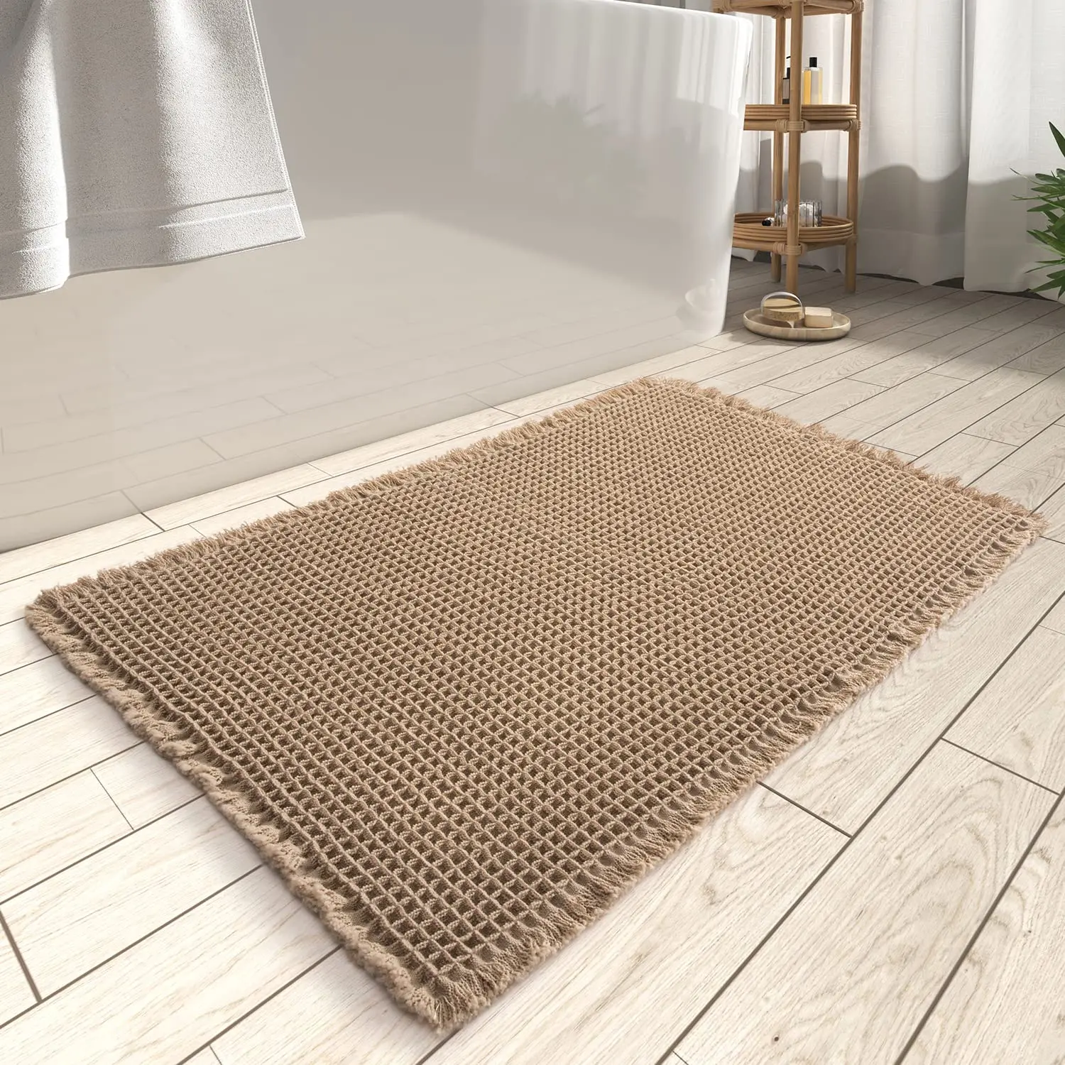 Waffle Bath Mats Super Absorbent Non Slip Bath Mats for Bathroom Floor Machine Washable Bathroom Rugs with Tassels