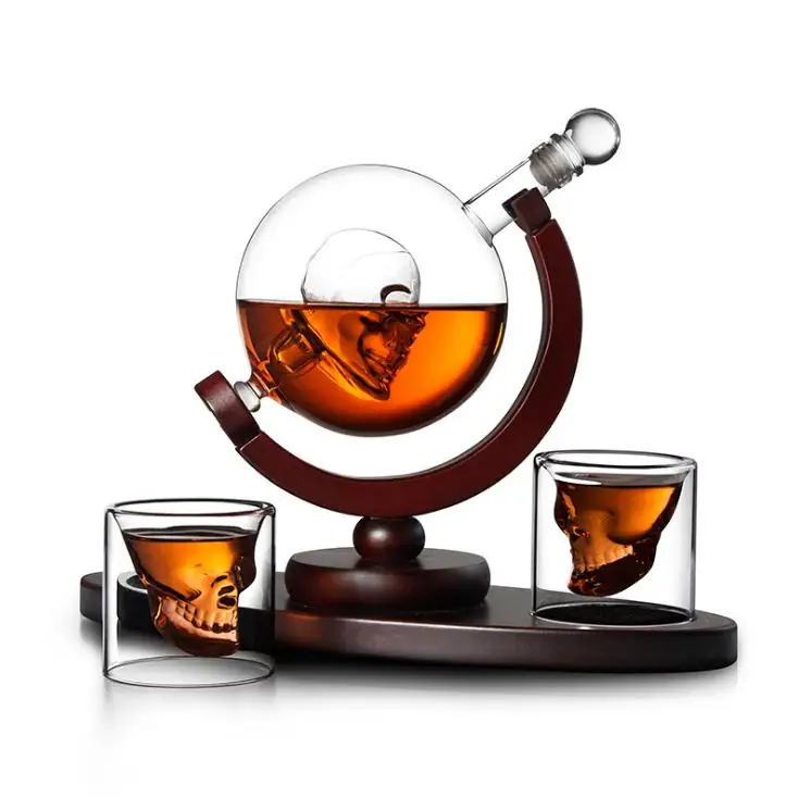 AIHPO12 Novelty Magic Amazon Unique Liquor Fancy Wine Globe Glass Whiskey Skull Decanter Set With Wooden Base Glasses
