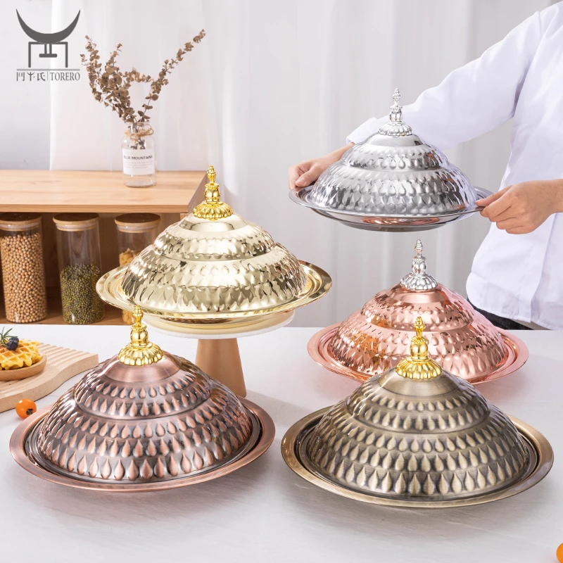 Gold Dinner Plate Hotel Buffet Plate Restaurant Tableware Banquet Food Plate Dish Stainless Steel Round Serving Tray With Lid