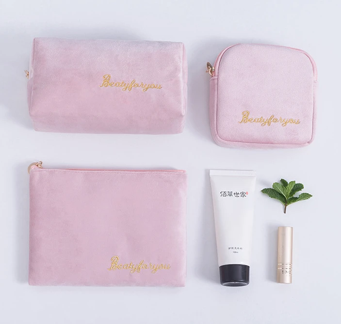Fashion Beauty Embroidery Velvet Cosmetic Bag - Private Label Custom Logo Make up Bags