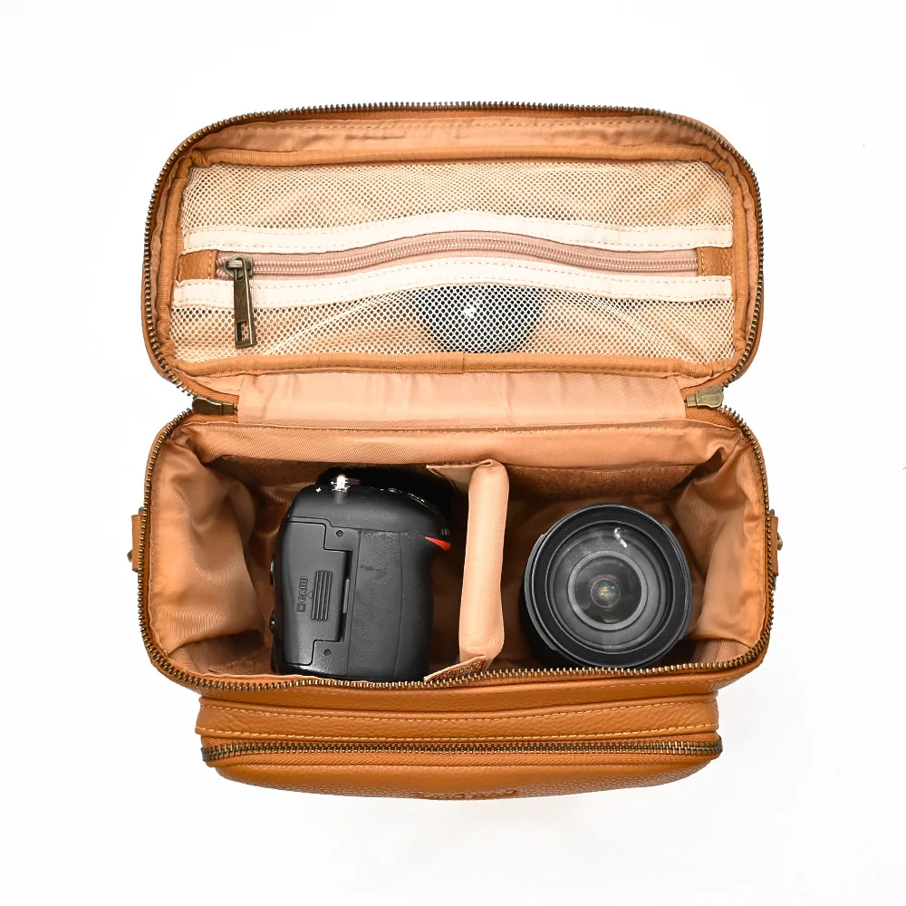 Custom Trendy Professional Brown Vegan Microfiber Leather Crossbody Camera Lens Bag for Photography