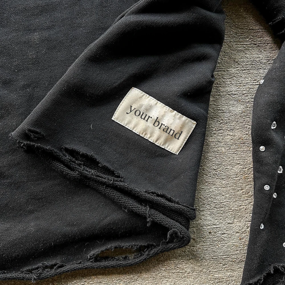 Huili Vintage Distressed Washed Thick Cotton Tshirts Men Custom Screen Printing Logo Double Layer Long Sleeve Rhinestone T-Shirt