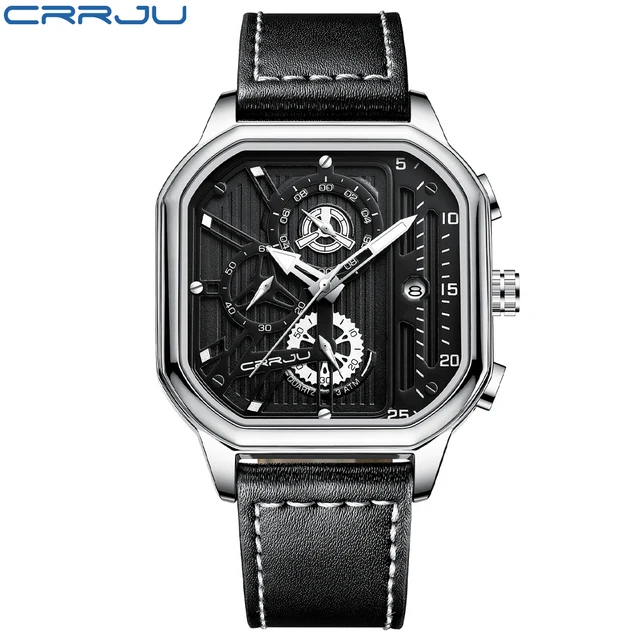 CRRJU Fashion Square Dial Leather Mens Sport Waterproof Chronograph Quartz Watch