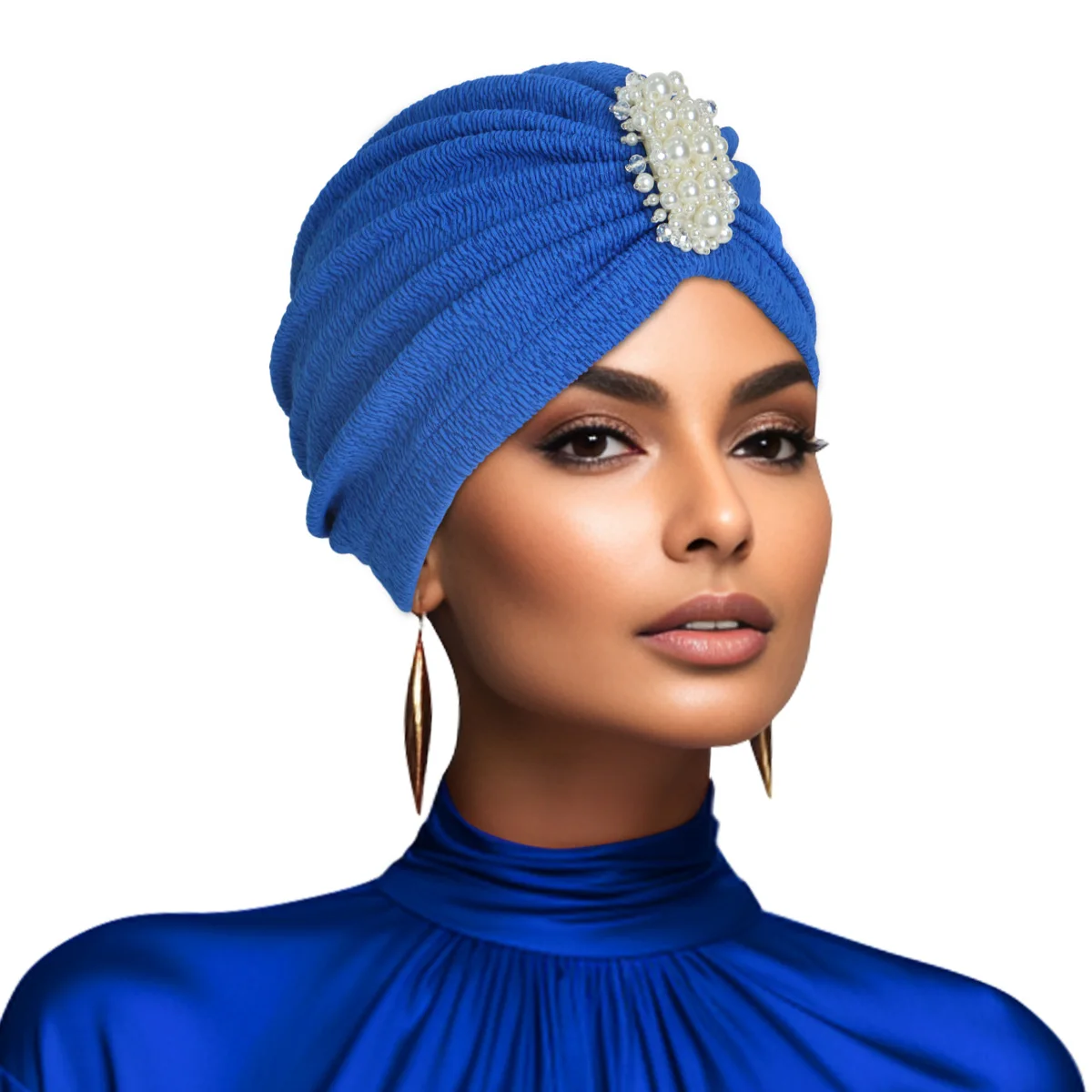 Wholesale Elegant Pearl Decor Turban Cap Embossed Elastic Head Wrap For Women Girl