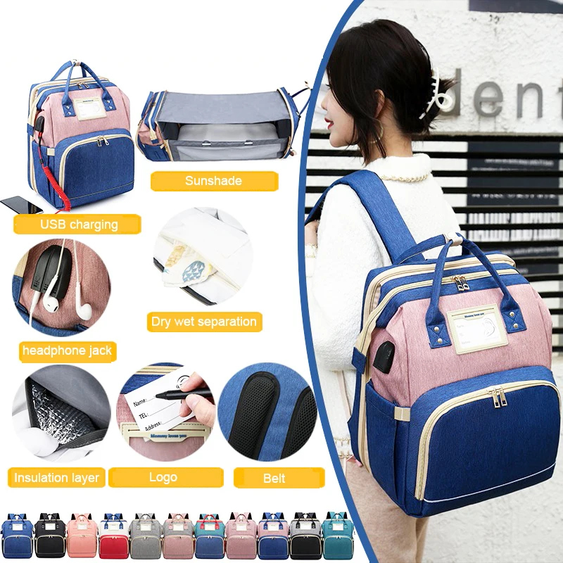 2021 custom new style diaper bag backpack with travel bassinet Diaper Bag Backpack with Mosquito Net Foldable Baby Bed