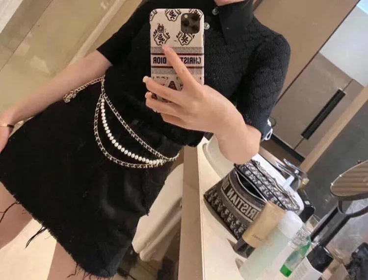 Black and gold alphabet waist chain imitation leather stringing rope pearl copper chain belt ladies dress accessory belt